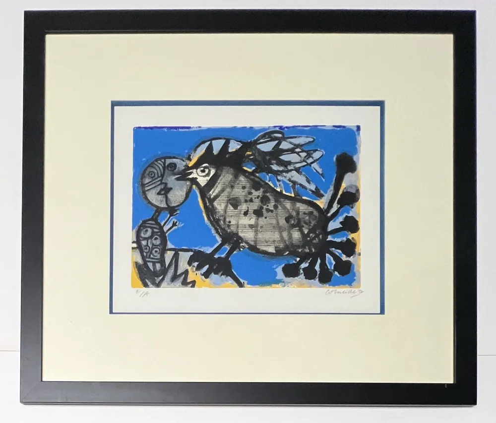 Lithograph Corneille - Lithographie encadrée : l'oiseau musical, 1992