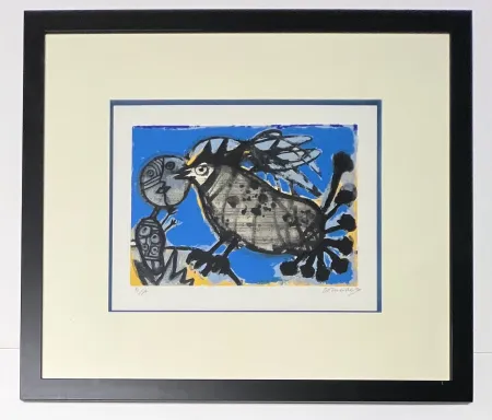 Lithograph Corneille - Lithographie encadrée : l'oiseau musical, 1992