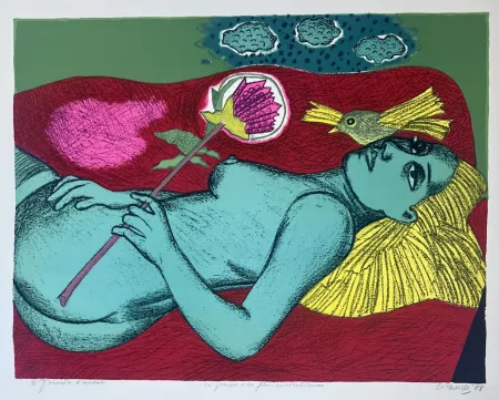 Lithograph Corneille - Lithographie Femme à la fleur australienne, 1988