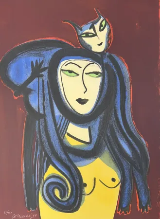 Lithograph Corneille - Lithographie Femme au chat 1998