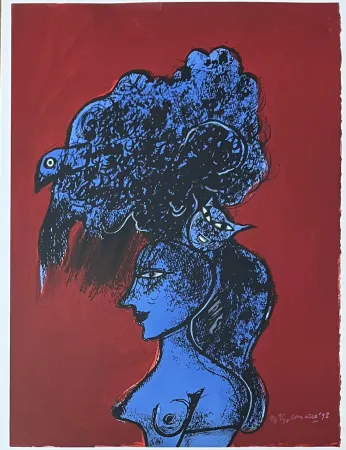 Lithograph Corneille - Lithographie Femme au chat et à l'oiseau 1998 Numéro 1
