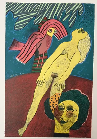 Lithograph Corneille - Lithographie Femme et oiseaux des îles 1983