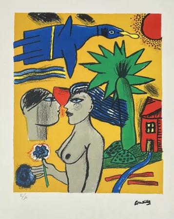 Lithograph Corneille - Lithographie Femmes et oiseau, 1998