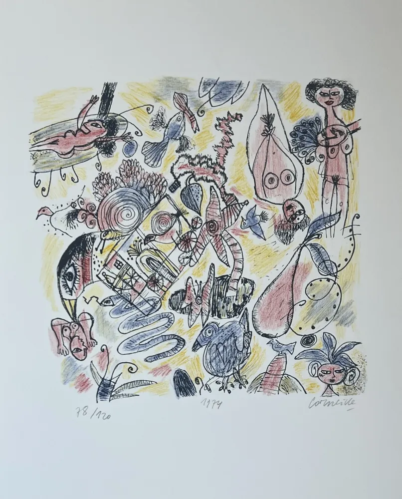 Lithograph Corneille - Lithographie Femmes et Oiseaux 1974