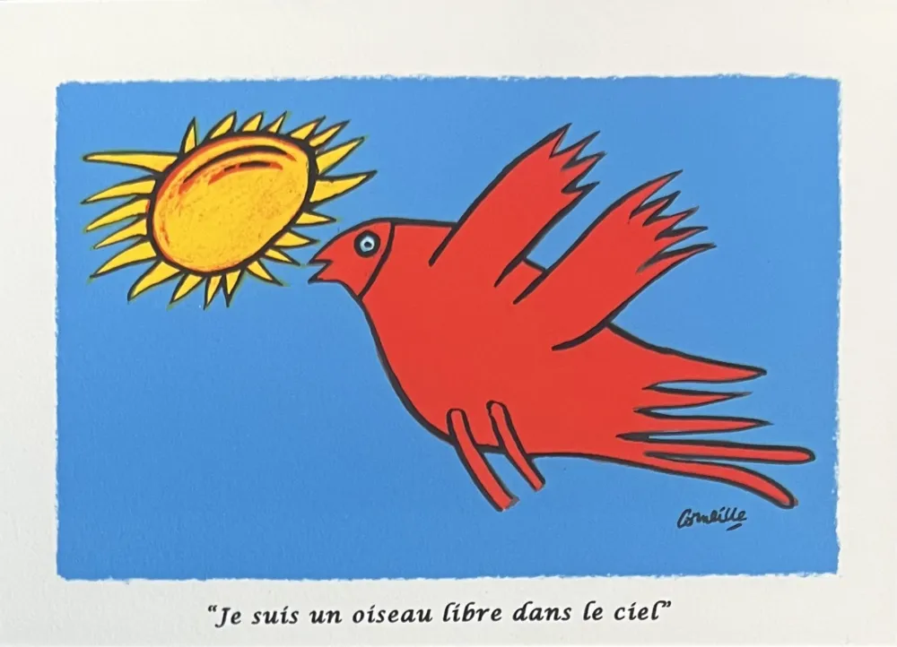 Lithograph Corneille - Lithographie Je suis un oiseau libre dans le ciel 