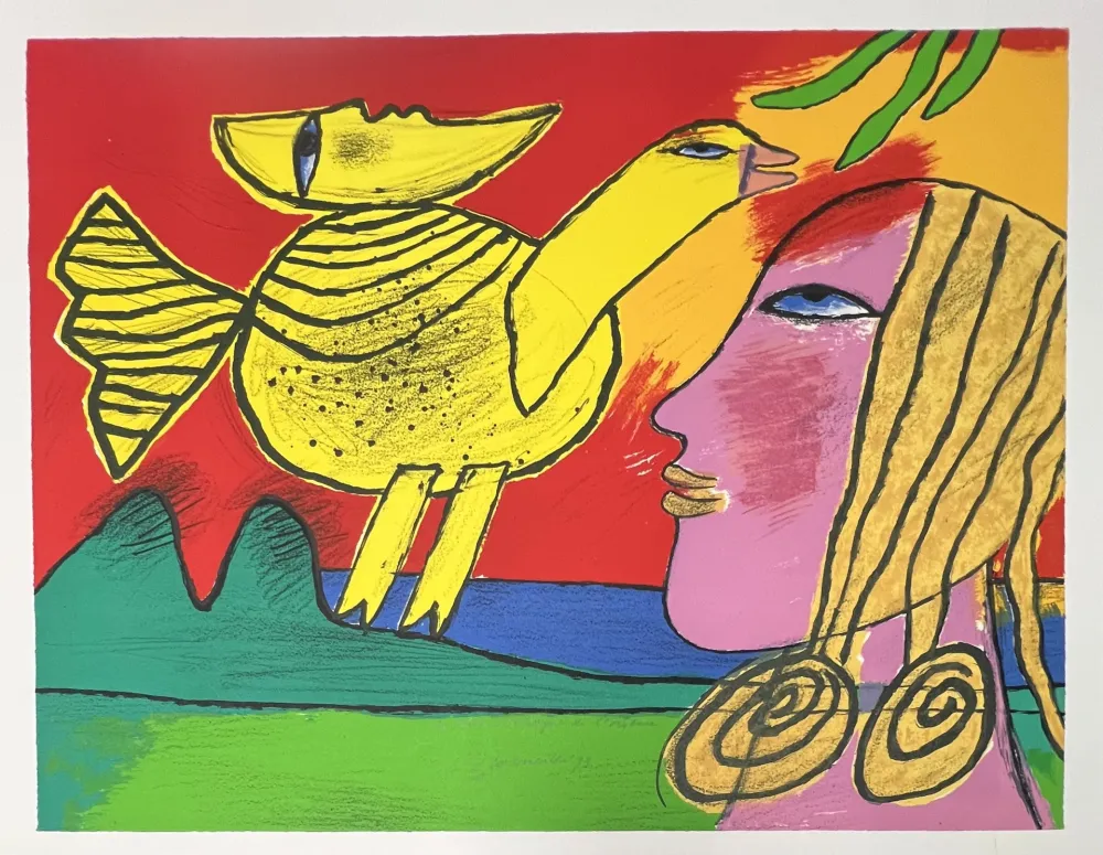 Lithograph Corneille - Lithographie La lune compagne de l'oiseau 1993
