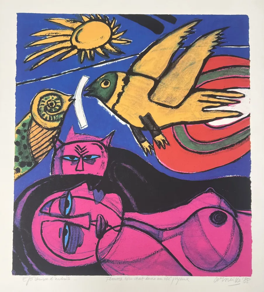 Screenprint Corneille - Sérigraphie Femme avec chat dans un été joyeux, 1988