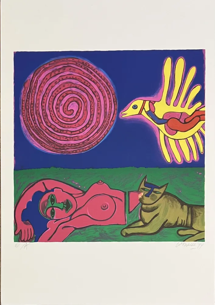 Screenprint Corneille - Sérigraphie Femme, Chat et oiseau, 1994