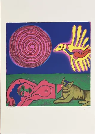 Screenprint Corneille - Sérigraphie Femme, Chat et oiseau, 1994