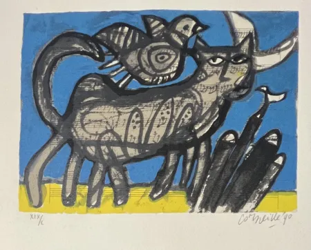 Screenprint Corneille - Sérigraphie signée, Chat sur partition de musique , 1990