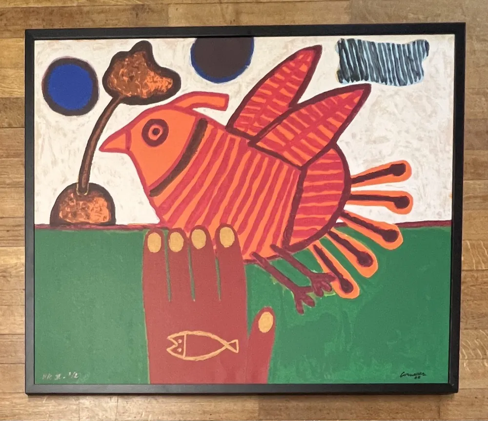 Screenprint Corneille - Sérigraphie sur toile signée Oiseau Libre Cobra - Encadrée