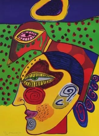 Lithograph Corneille - Tête de femme et oiseau pensif