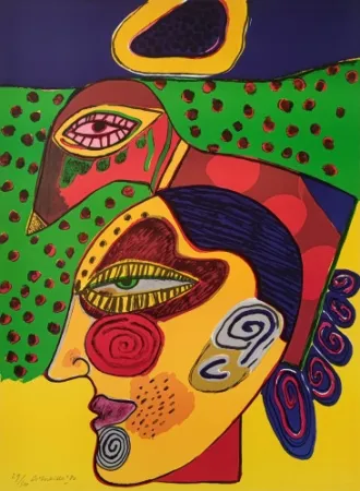 Lithograph Corneille - Tête de femme et oiseau pensif