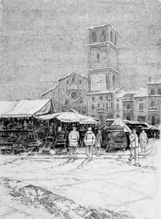 Engraving Cotugno  - Bancarelle al mercato a Lodi