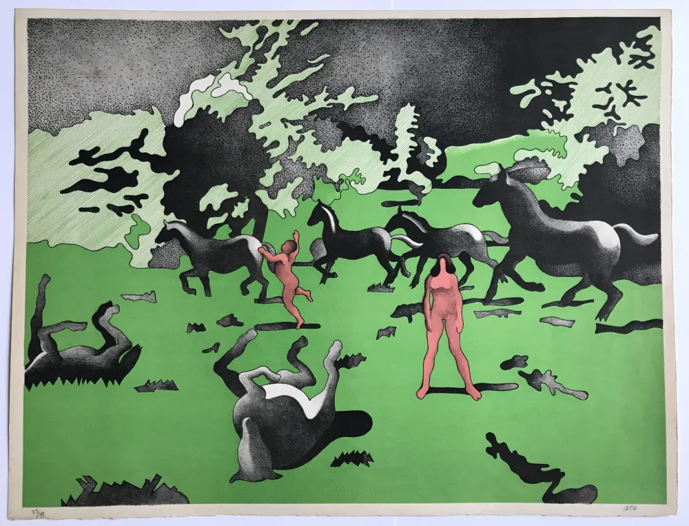 Lithograph Cueco - Sans titre (chevaux et bergers)