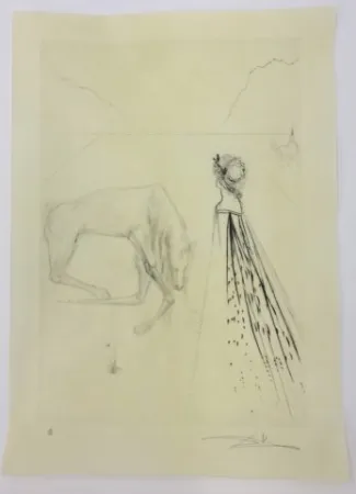 Engraving Dali - Alexandre le regarde avec des yeux courrouces et le chevel s' agenouilla