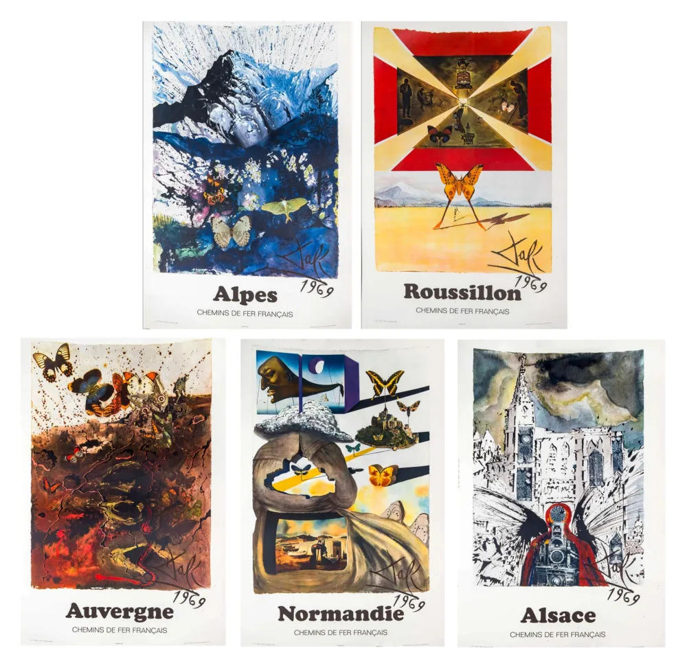 Poster Dali - Alpes, Auvergne, Alsace, Roussillon et Normandie. Suite des 5 affiches pour la SNCF. 1969