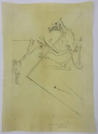 Drypoint Dali - L soler conchant allonge le squelette noir d'un grand cheval tres grand... la tête est soutien par le fer dune lance