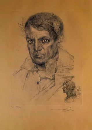 Etching Dali - Portrait of Picasso (Ochre)