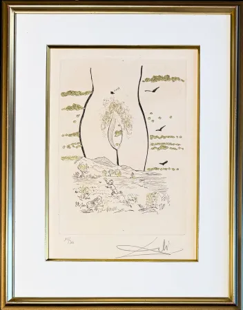 Etching Dali - Salvador Dalí (1904–1989)- A l'Éternelle madame (To the Eternal Madame) - Drypoint, etching hand coloured and gilded on Arches paper - 1974