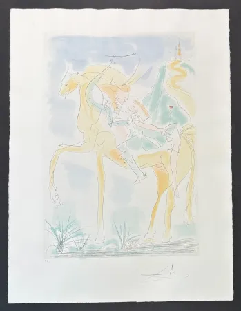 Etching Dali - Salvador Dalì (1904-1989) - Couple à cheval - Drypoint etching with stencil on Rives paper - 1971