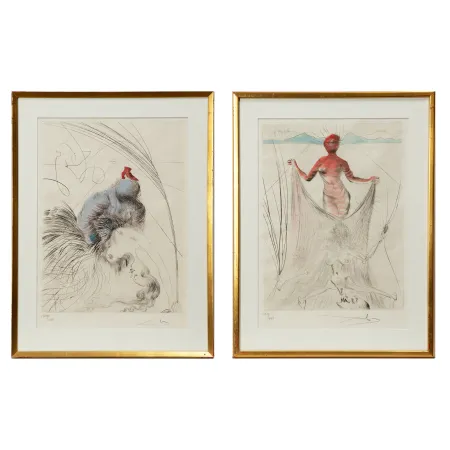 Drypoint Dali - Salvador Dalí (1904–1989) - “Femme a la Chaussure” and “La Femme tentant un voile” from the suite “Venus aux fourrures” - Hand watercolored drypoint etching on Japanese paper - 1969