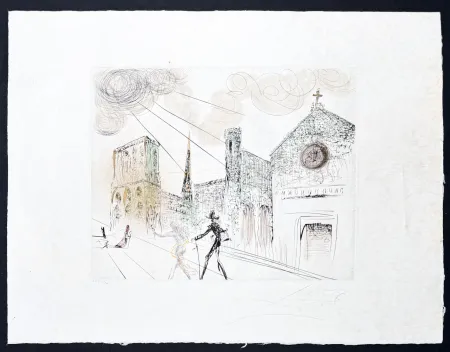 Etching Dali - Salvador Dalí (1904–1989) - Notre-Dame de Paris - Drypoint, etching with aquatint, hand-coloured on Japanese paper - 1969