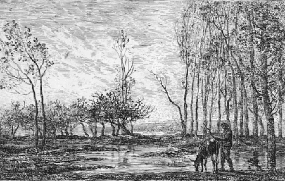 Engraving Daubigny - Soleil couchant