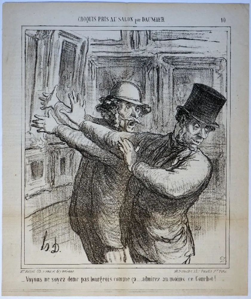 Lithograph Daumier - – Voyons ne soyez donc pas bourgeois comme ça... admirez au moins ce Courbet! 