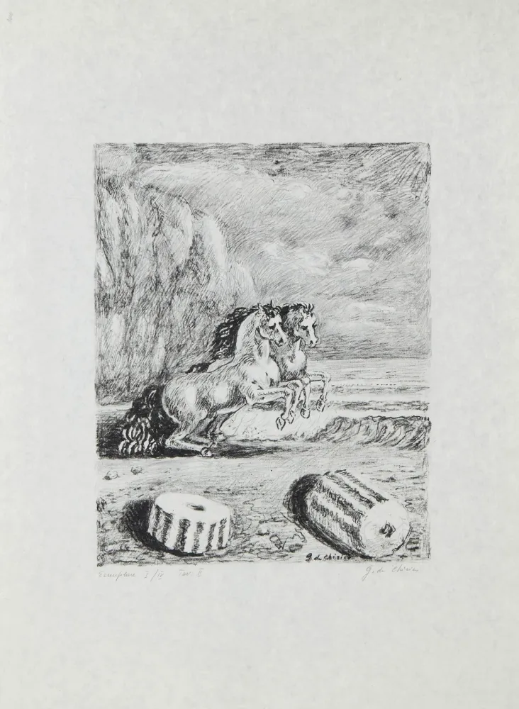 Lithograph De Chirico - Cavalli sulla sponda dell'Egeo