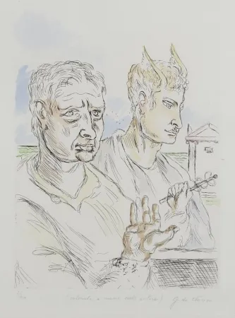 Screenprint De Chirico - Giorgio De Chirico (1888–1978) - Autoritratto con mercurio - Hand-colored engraving by the artist - 1969