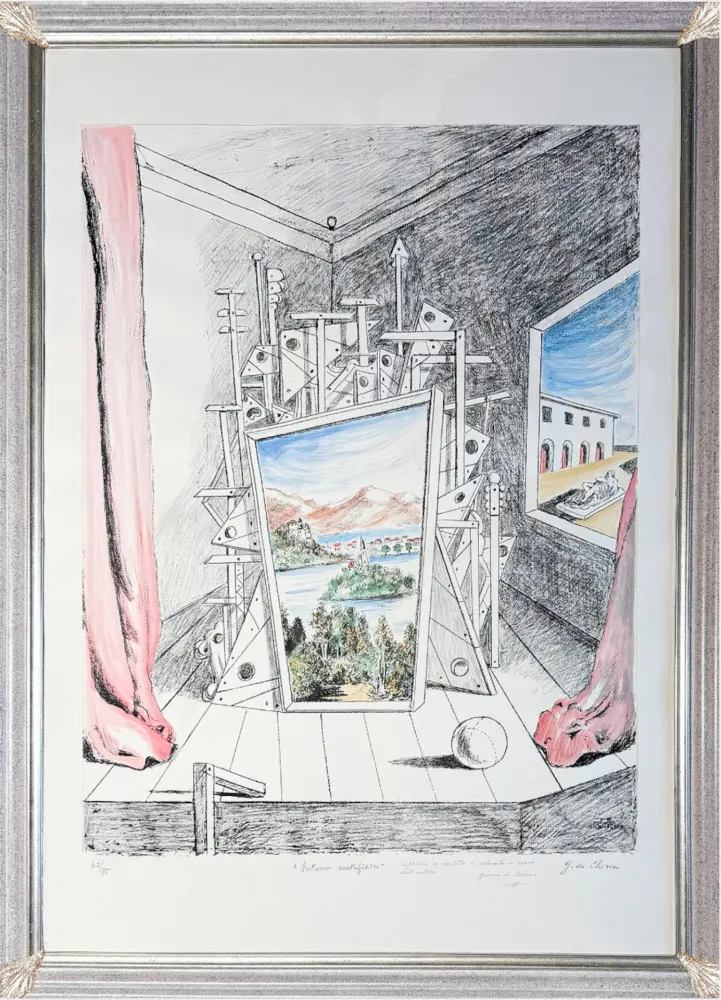 No Technical De Chirico - Giorgio De Chirico (1888–1978) - Interno Metafisico - Watercolour on lithographic base, retouched in pencil and hand-coloured by the artist - 1969