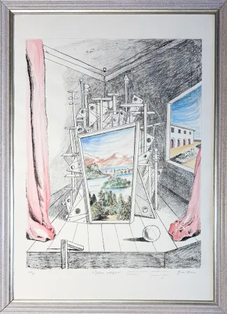 No Technical De Chirico - Giorgio De Chirico (1888–1978) - Interno Metafisico - Watercolour on lithographic base, retouched in pencil and hand-coloured by the artist - 1969