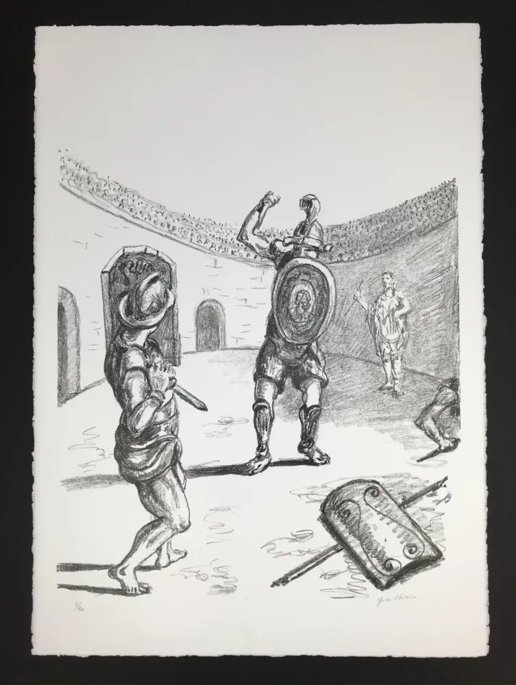 Lithograph De Chirico - Gladiatori nell'arena