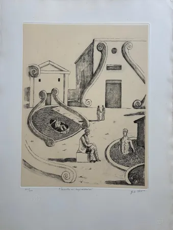 Engraving De Chirico - Incontro nei bagni misteriosi