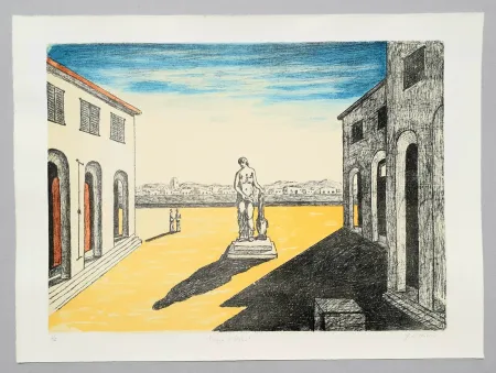 Lithograph De Chirico - Piazza d'Italia con efebo