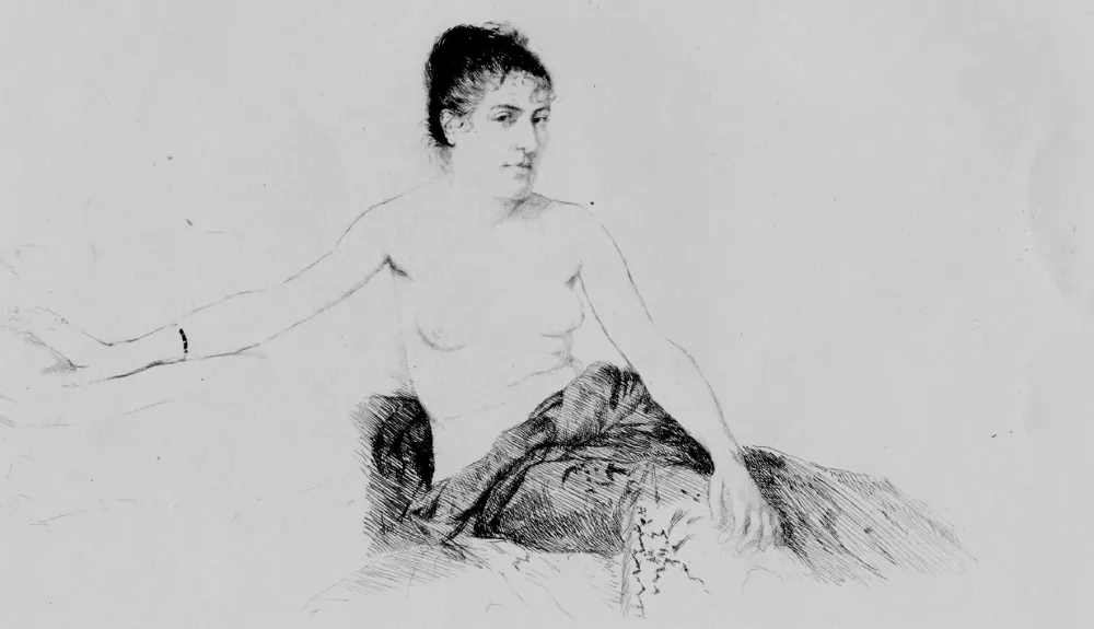 Drypoint De Nittis - Etude. (Femme assise le torse dénudé)