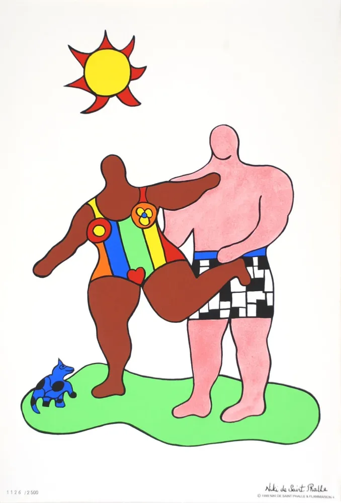 Screenprint De Saint Phalle - Nana brune et baigneur rose