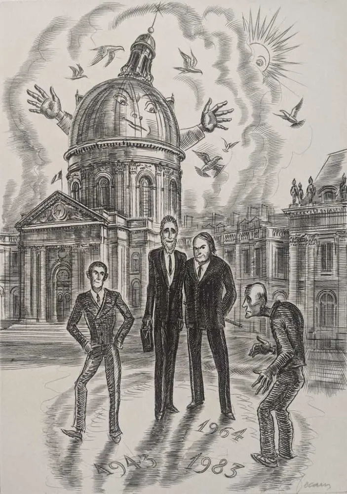 Engraving Decaris - Devant l'Académie Française