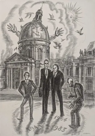 Engraving Decaris - Devant l'Académie Française