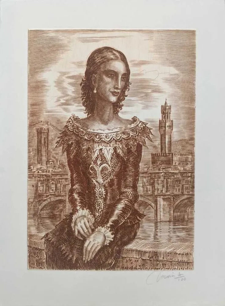 Engraving Decaris - Pensive woman in Renaissance Florence