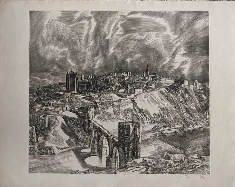 Engraving Decaris - Toledo (Puente San Martín en largeur de loin)