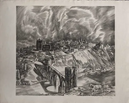 Engraving Decaris - Toledo (Puente San Martín en largeur de loin)