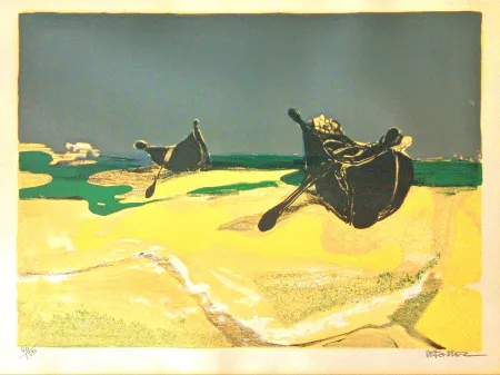 Lithograph Defossez - Deserted Boats - Beautiful Vintage Lithograph