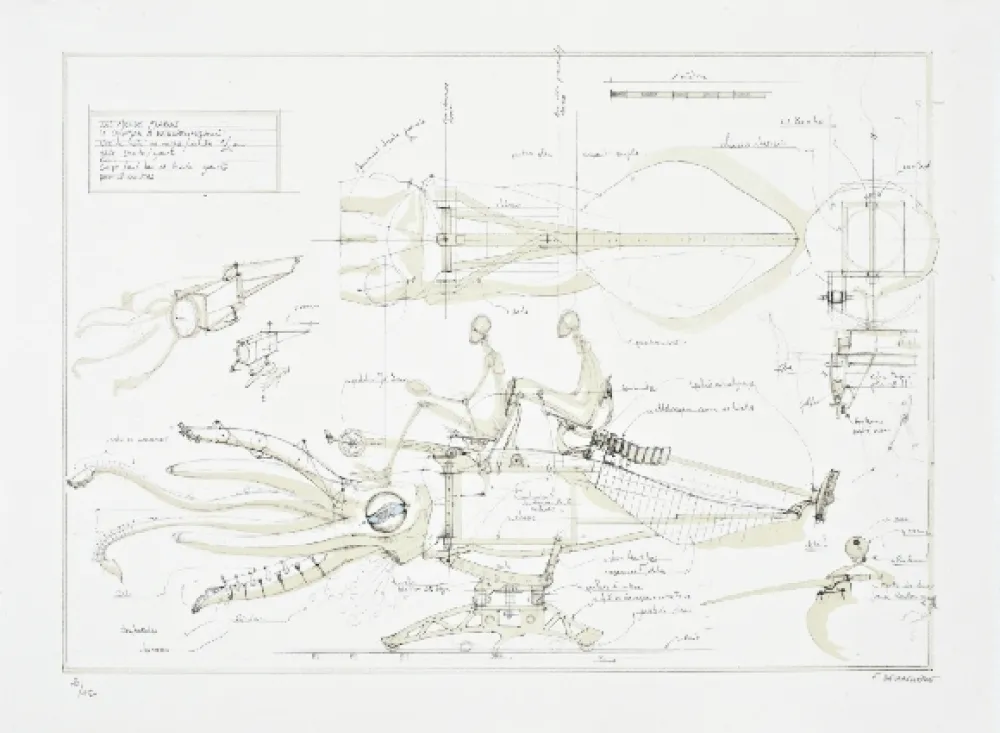 Lithograph Delarozière - Le calamar a retropropulsion