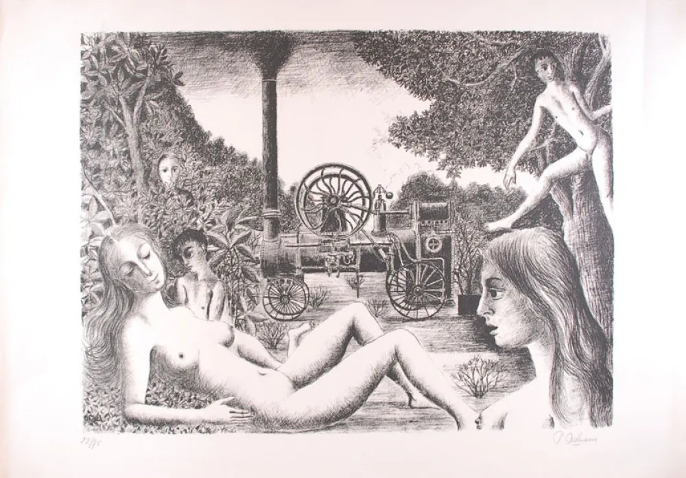 Lithograph Delvaux - La Locomobile