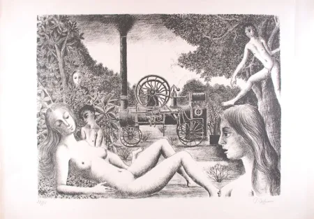 Lithograph Delvaux - La Locomobile