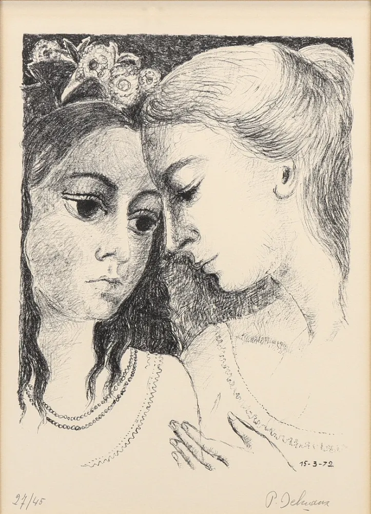 Lithograph Delvaux - Paul Delvaux (1897–1994) - Secrets - Lithograph on Arches paper - 1972