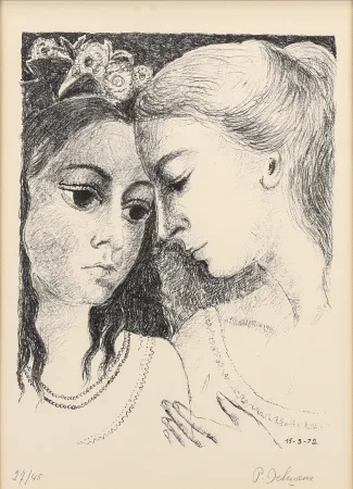 Lithograph Delvaux - Paul Delvaux (1897–1994) - Secrets - Lithograph on Arches paper - 1972