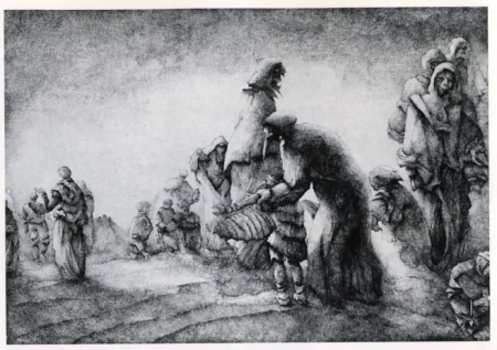 Etching Desmazières - Un Maman apprenant a son fils a voler